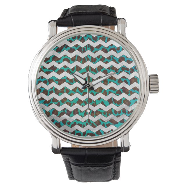Montre Chevron Leopard Impression Brown et Turquoise (devant)