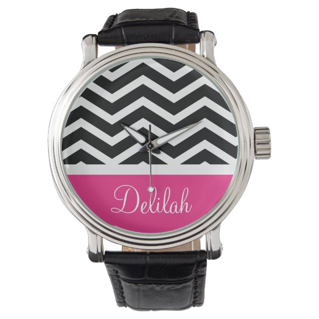 Montre Chevron rose noir personnalisé (devant)