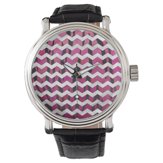 Montre Chevron Tiger rose chaud et noir (devant)
