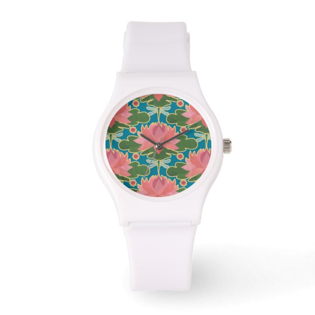Montre Chic Pink Water Lys and Dragonflies Wristwatch (Recto)