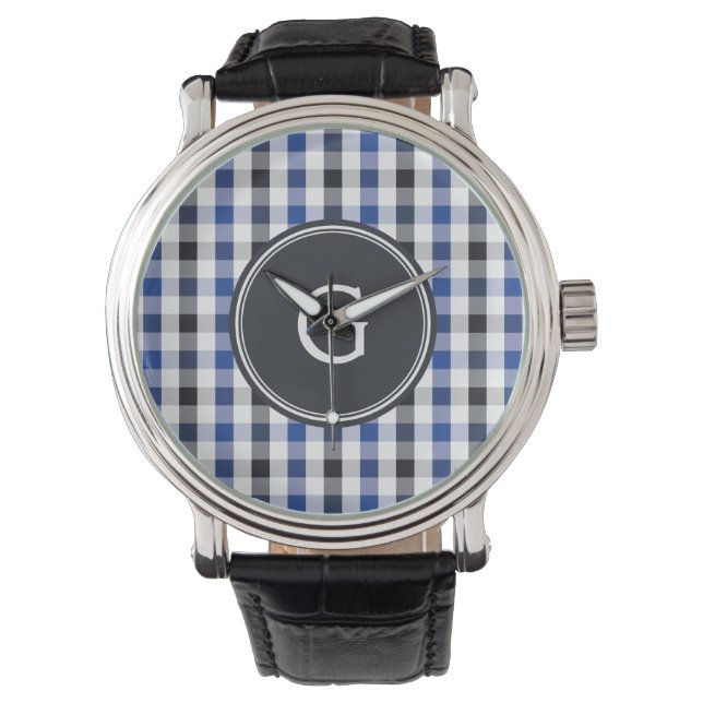 Montre chic preppy bleu noir en vichy motif monogramme (devant)