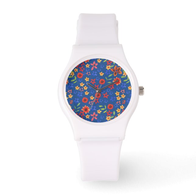 Montre Chic Retro Floral Impression sur Blue Wrist Watch (Recto)