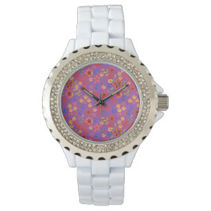 Montre Chic Retro Floral Impression sur Magenta Wrist Wat