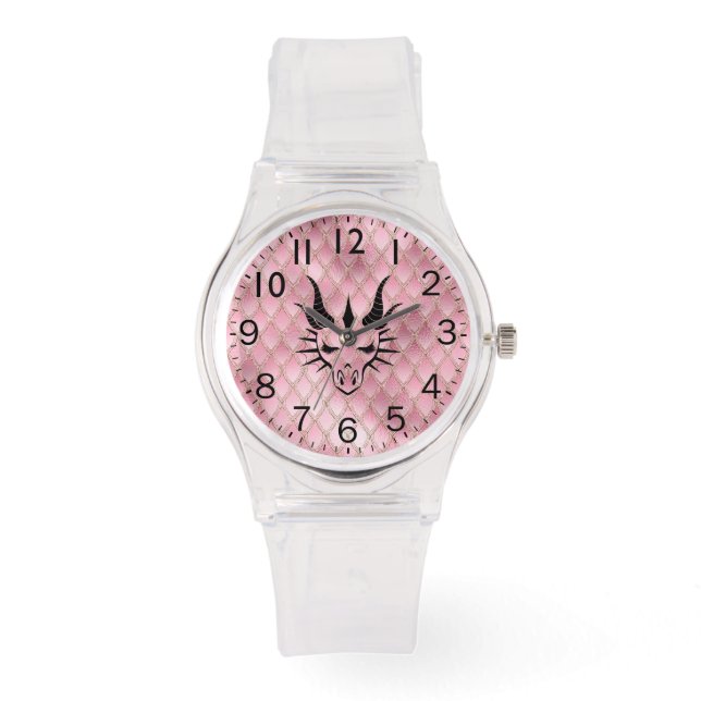 Montre Chic Tête de Dragon Noir & Scales de Dragon Rose (Recto)