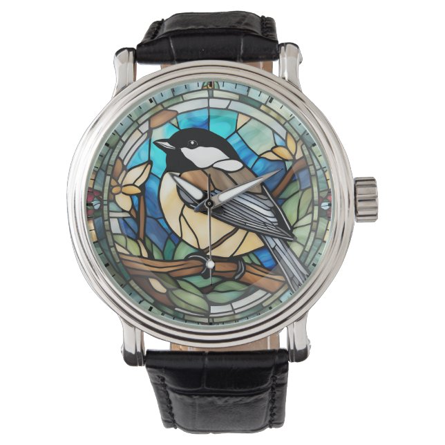 Montre Chickadee Faux Vitrail Verre Grand Tit Horloge D'O (devant)