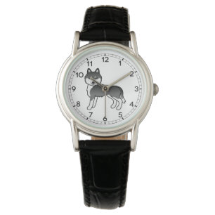 Montre Chien Caricature Cute Husky Sibérien Noir Et Blanc