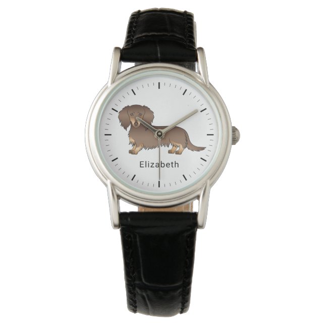 Montre Chien teckel à longs poils chocolat et feu & nom (devant)