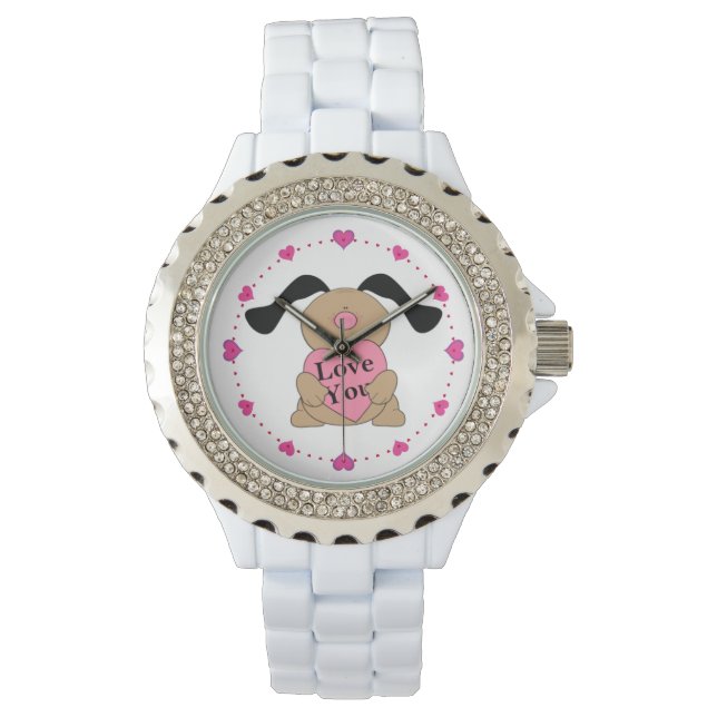 Montre Chiot Love Femme Rhinestone White Enamel Watch (devant)