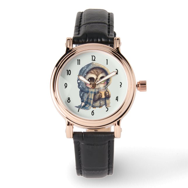 Montre Chouette à gros yeux mignonne tenant un café (Recto)