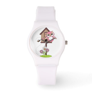 Montre Chouette à hotte rose mignonne et maison d'oiseaux