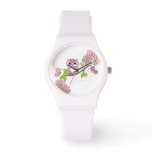 Montre Chouette à hotte rose mignonne sur branche