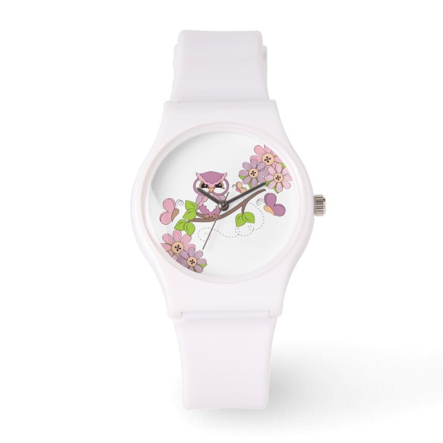 Montre Chouette à hotte rose mignonne sur branche (Recto)