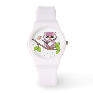 Montre Chouette à hotte rose mignonne sur branche