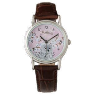 Montre Chouette Bleu rose Fleurs de cerisiers Numéros Mon