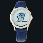 Montre Chouette bleue<br><div class="desc">La montre élégante personnalisée présente une illustration vectorielle douce d'un hibou perché sur une branche d'arbre sur un arrière - plan motif pois. Babystar Design à l'adresse mygrafico.com</div>