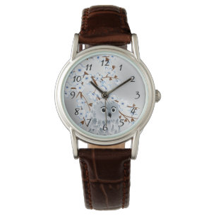 Montre Chouette Bleue Argent Cerise Fleurs Numéros