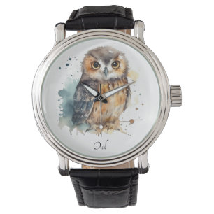 Montre Chouette mignonne en aquarelle, personnalisable
