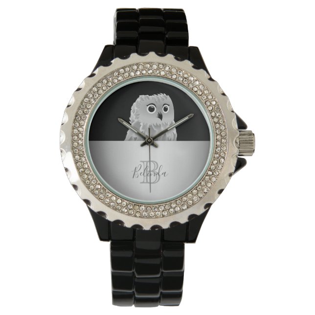 Montre Chouette mûre animal Monogramme blanc Argent noir (devant)