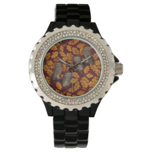 Montre Chouettes d'automne sur rouge foncé
