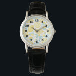 Montre Citrons jaunes et fleurs bleues Motif illustré<br><div class="desc">Une montre conçue avec un motif pittoresque et mignon composé de citrons jaunes et de fleurs bleu pastel dans un style dessiné à la main.</div>