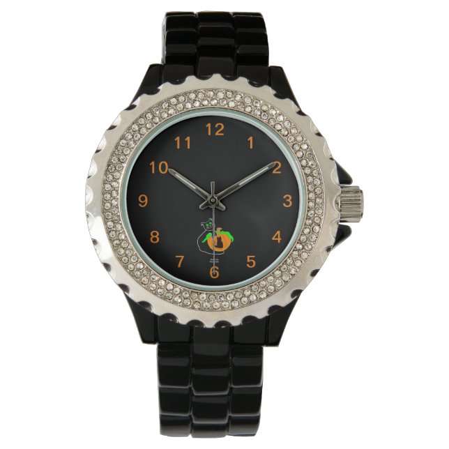 Montre Citrouille de chat noir Rhinestone Black Enamel Wa (devant)