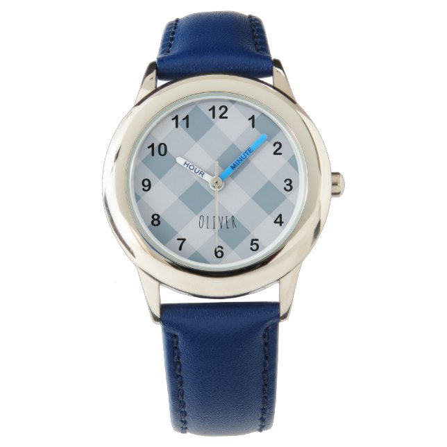 Montre Classic Elegant Blue Gingham Plaid & Custom Name  (devant)