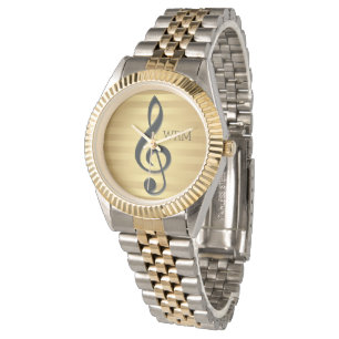 Montre Clé en argent noir monogramme sur bandes d'or