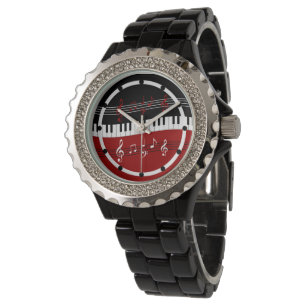 Montre Clés et notes de piano noir rouge élégant