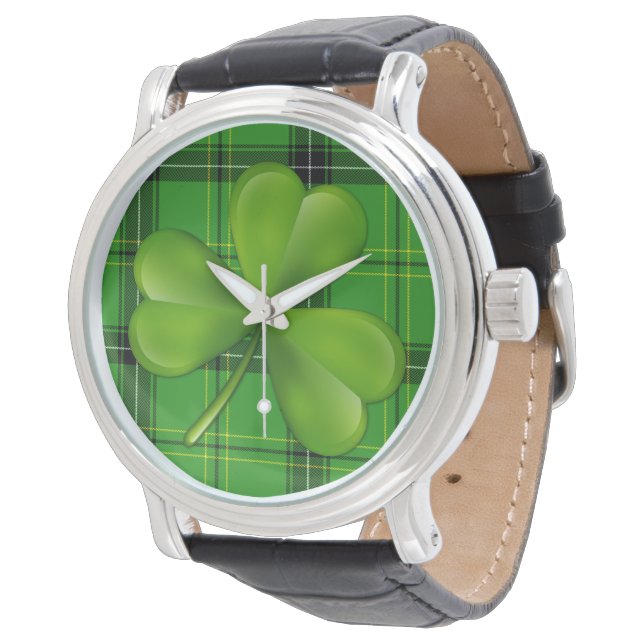 Montre Clover vert brillant à 3 feuilles sur tartelé (Incliné)