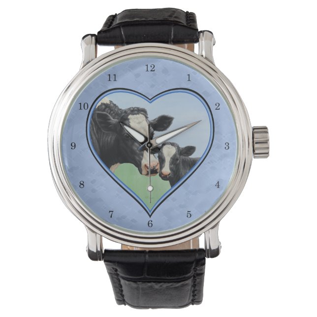 Montre Coeur bleu de Vache Holstein et de veau mignon (devant)