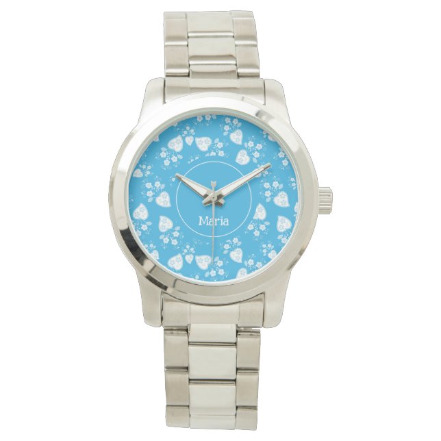 Montre Coeur de fleur bleu avec fleurs motif (devant)