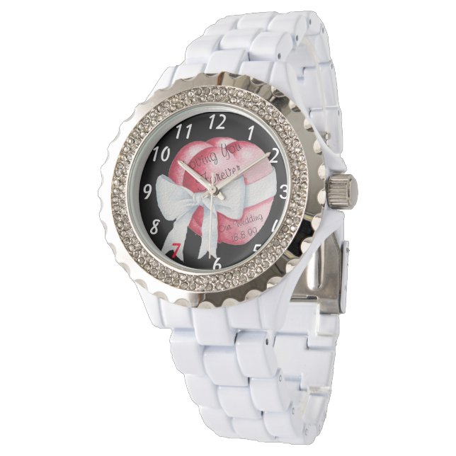 Montre coeur rouge avec arc blanc mariage original (Incliné)