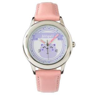 Montre Coeurs pourpres mignons de chat et de lilas -