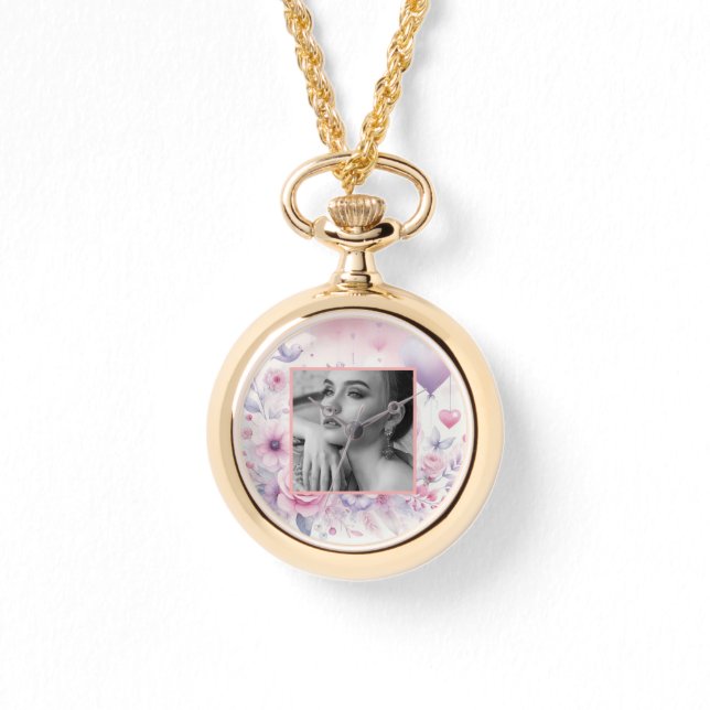 Montre Coeurs rose violet rose floral photo aquarelle (Recto)