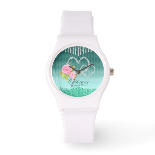 Montre Coeurs scintillants Aqua floral (Recto)