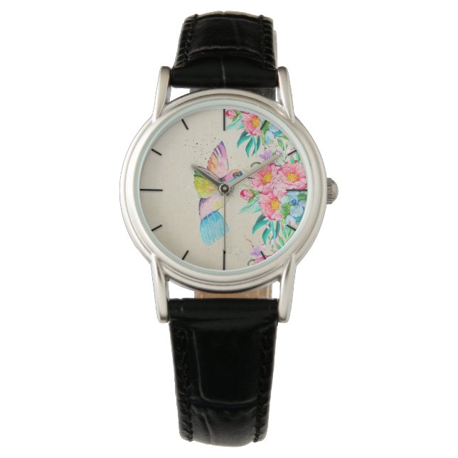 Montre Colibri et fleurs d'aquarelle (devant)