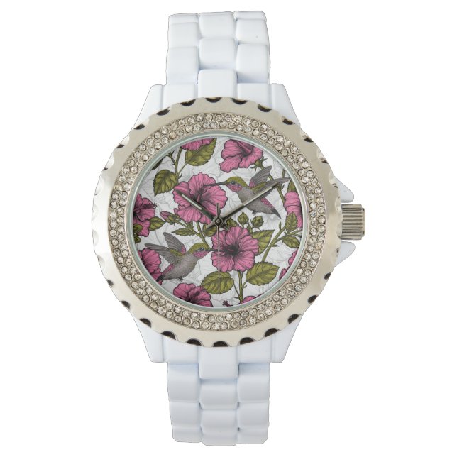 Montre Colibris et fleurs d'hibiscus roses (devant)