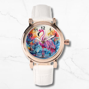 Montre Coloré Flamant rose rose Tropical Élégantes femmes