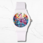 Montre Coloré Flamant rose rose Tropical Élégantes femmes<br><div class="desc">Colorful Tropical Pink Flamant rose Elegant Womans Watches présente un paradis tropical coloré avec un flamant rose entouré de fleurs tropicales. Créé par Evco Studio www.zazzle.com/store/evcostudio</div>