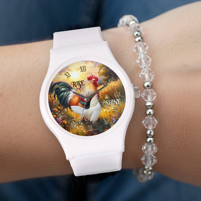 Montre Colorful Rise and Shine Rooster (Rise and shine watch featuring a colorful painting of two roosters at sunrise)