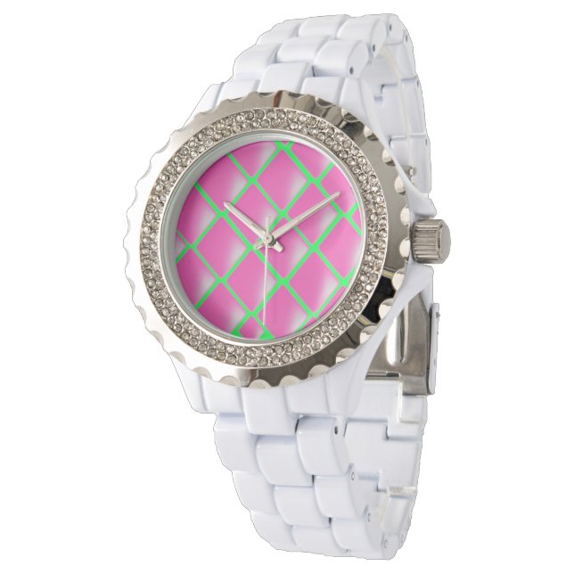 Montre Conception de diamant en rose et vert (Incliné)