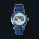 Montre Contrôleur de jeu vidéo bleu clair<br><div class="desc">Cette montre amusante est dotée d'une illustration vectorielle cool d'un contrôleur de jeux vidéo et peut être personnalisée avec le nom de votre enfant,  monogramme,  initial,  ou tout texte de votre choix pour un cadeau personnalisé parfait.</div>