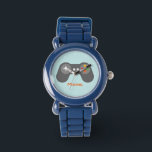 Montre Contrôleur de jeu vidéo bleu clair<br><div class="desc">Cette montre amusante est dotée d'une illustration vectorielle cool d'un contrôleur de jeux vidéo et peut être personnalisée avec le nom de votre enfant,  monogramme,  initial,  ou tout texte de votre choix pour un cadeau personnalisé parfait.</div>