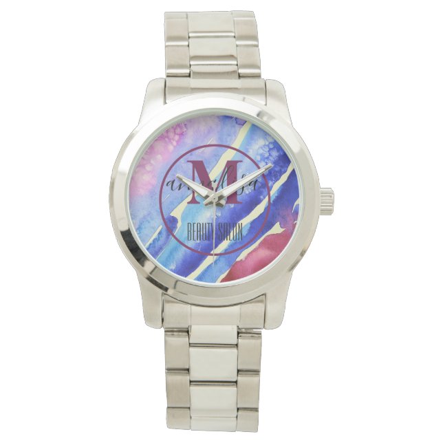 Montre Cool Art Abstrait bleu violet rose Magenta E-Watch (devant)