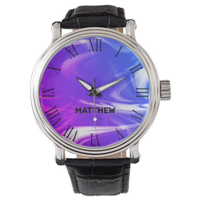 Montre Cool en marbre bleu Ombre Motif marbré Nom personn (devant)