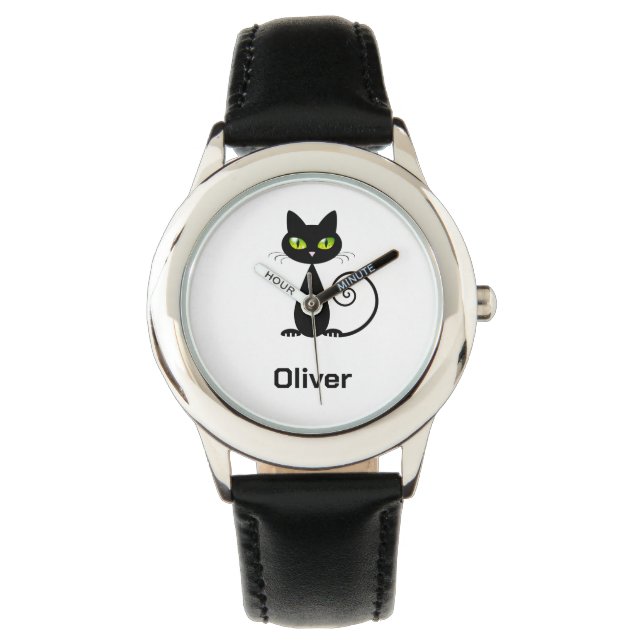 Montre Cool mignon assis Chat noir avec yeux verts Regard (devant)