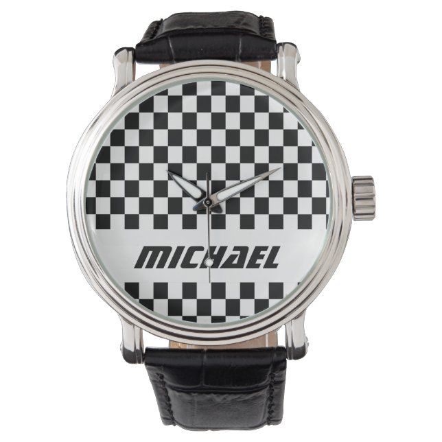 Montre Cool Nom Black and White À damiers Racing (devant)