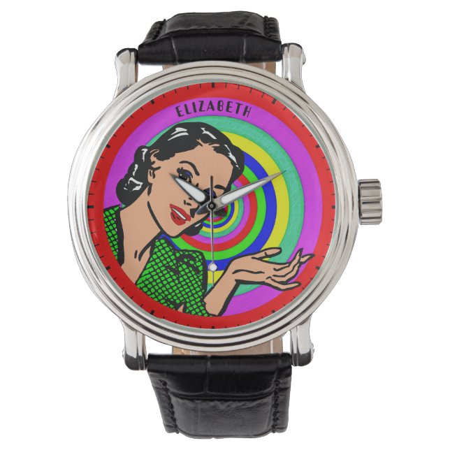 Montre Cool Retro Pop Art Girl dans les cercles de couleu (devant)