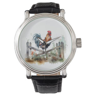 Montre coq assis sur la barrière blanche aquarelle