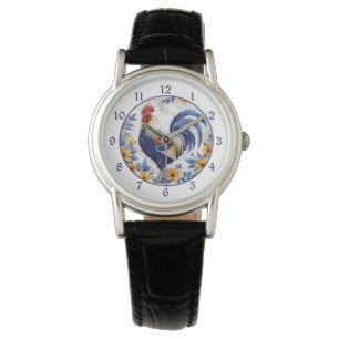 Montre Coq bleu floral or